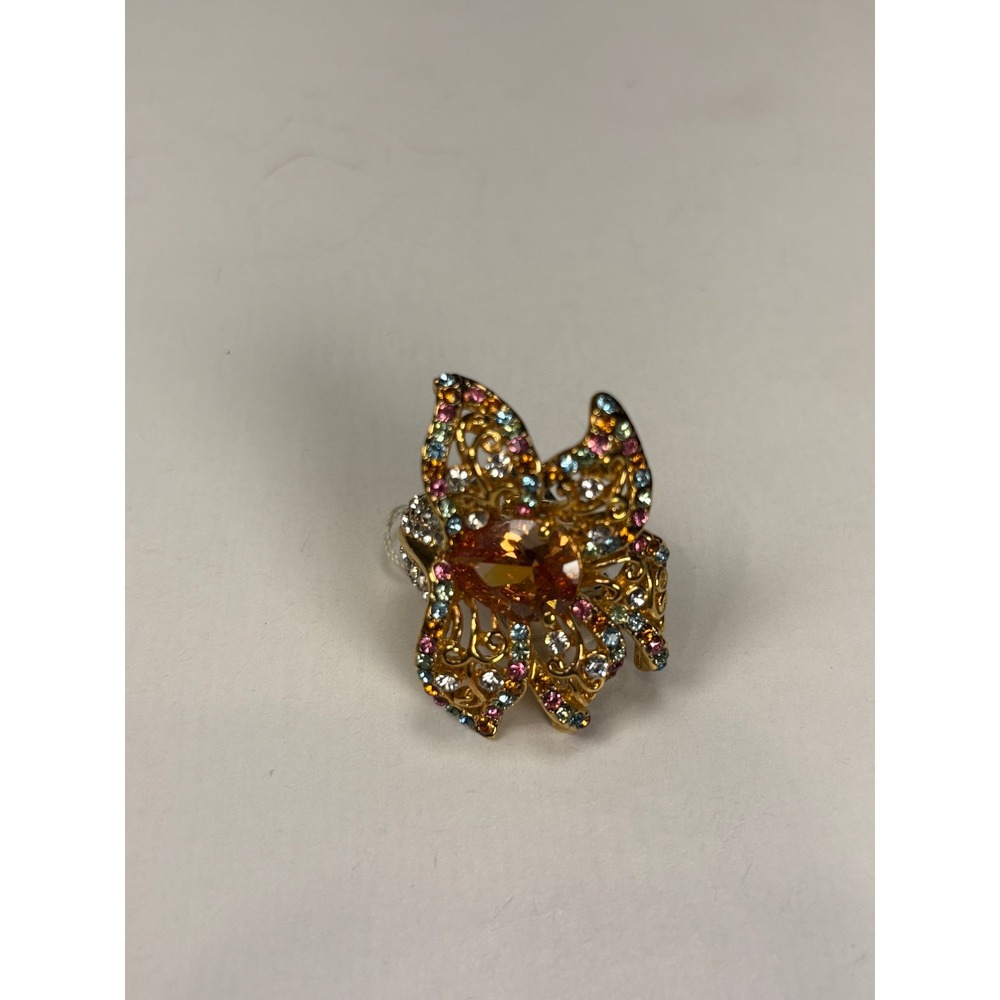 Gold Tone Multi Color‎ Rhinestone Filigree Butterfly Statement Cocktail Ring - Picture 4 of 9